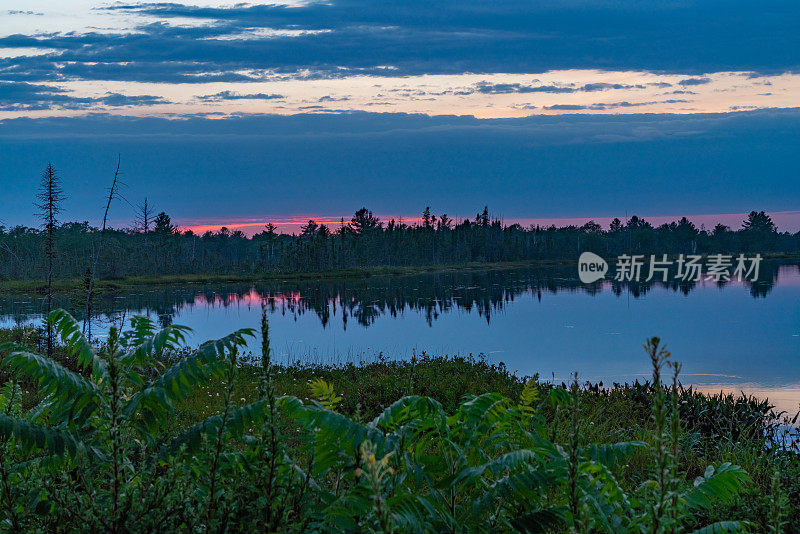 加拿大，Gravenhurst，黄昏时的Muskoka Torrance Barrens Dark-Sky Preserve和Highland Pond